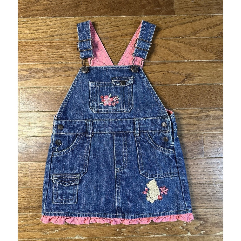 Disney Baby Classic Pooh Denim Jumper Dress 18M Y2K Ruffle Hem Overalls